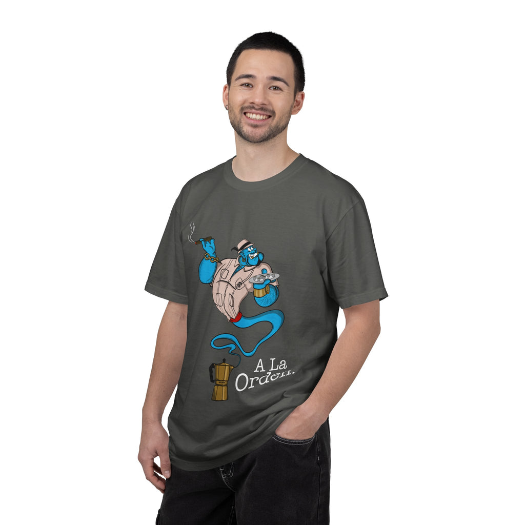 A La orden Genie T‑Shirt — Whimsical Blue Genie Brewing Espresso