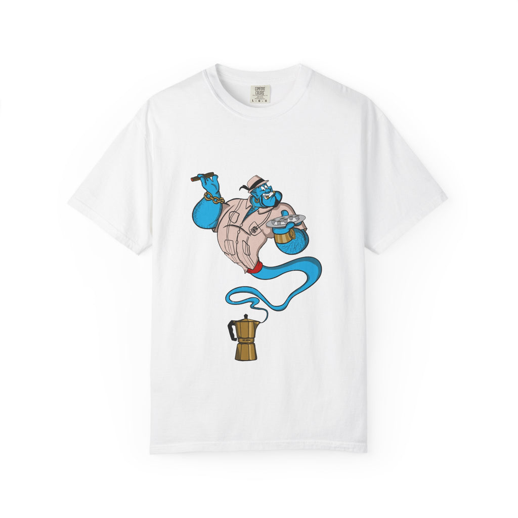 A La orden Genie T‑Shirt — Whimsical Blue Genie Brewing Espresso