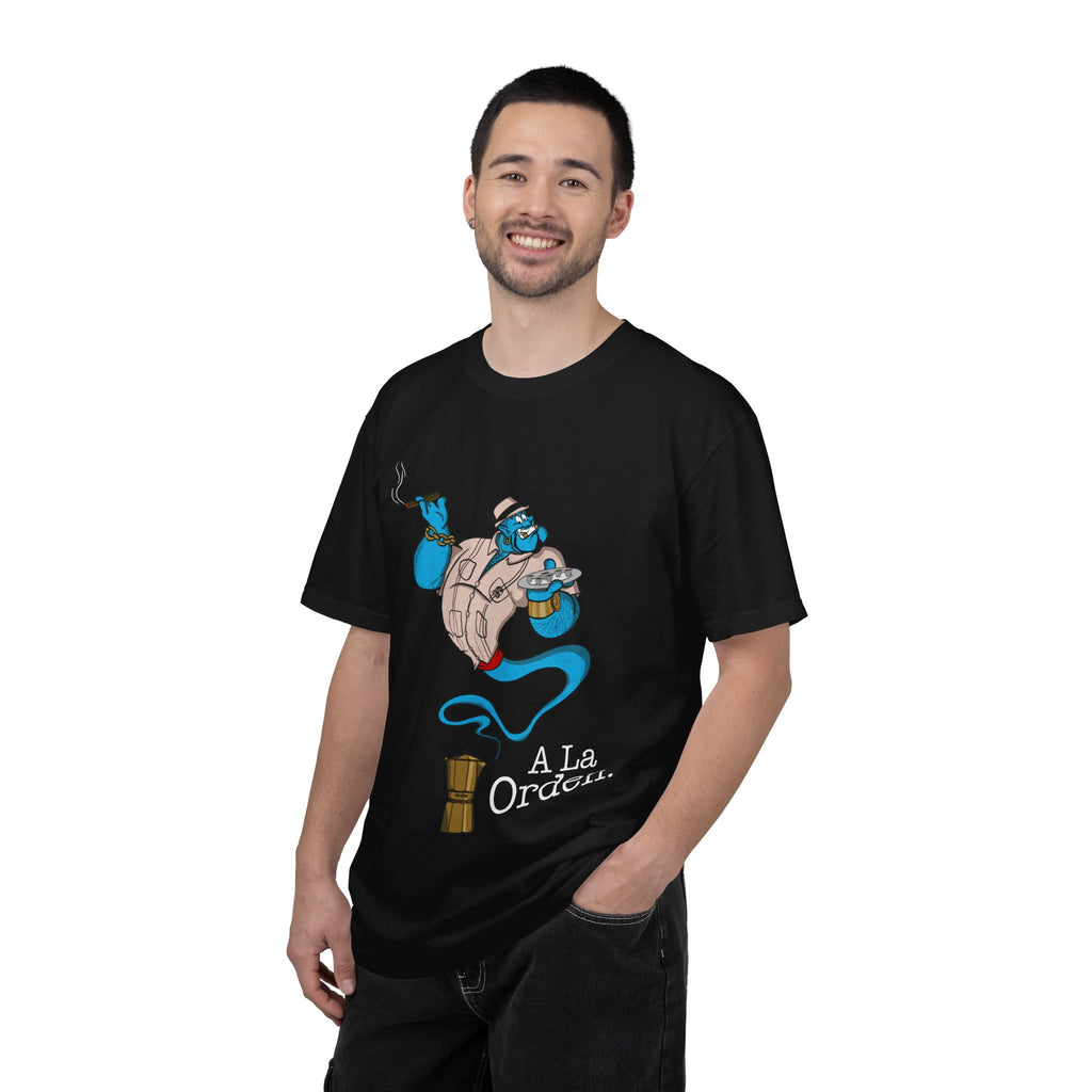 A La orden Genie T‑Shirt — Whimsical Blue Genie Brewing Espresso