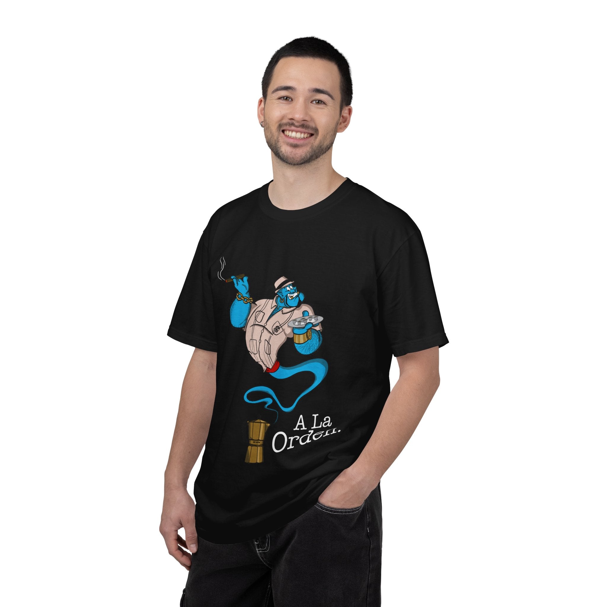 A La orden Genie T‑Shirt — Whimsical Blue Genie Brewing Espresso