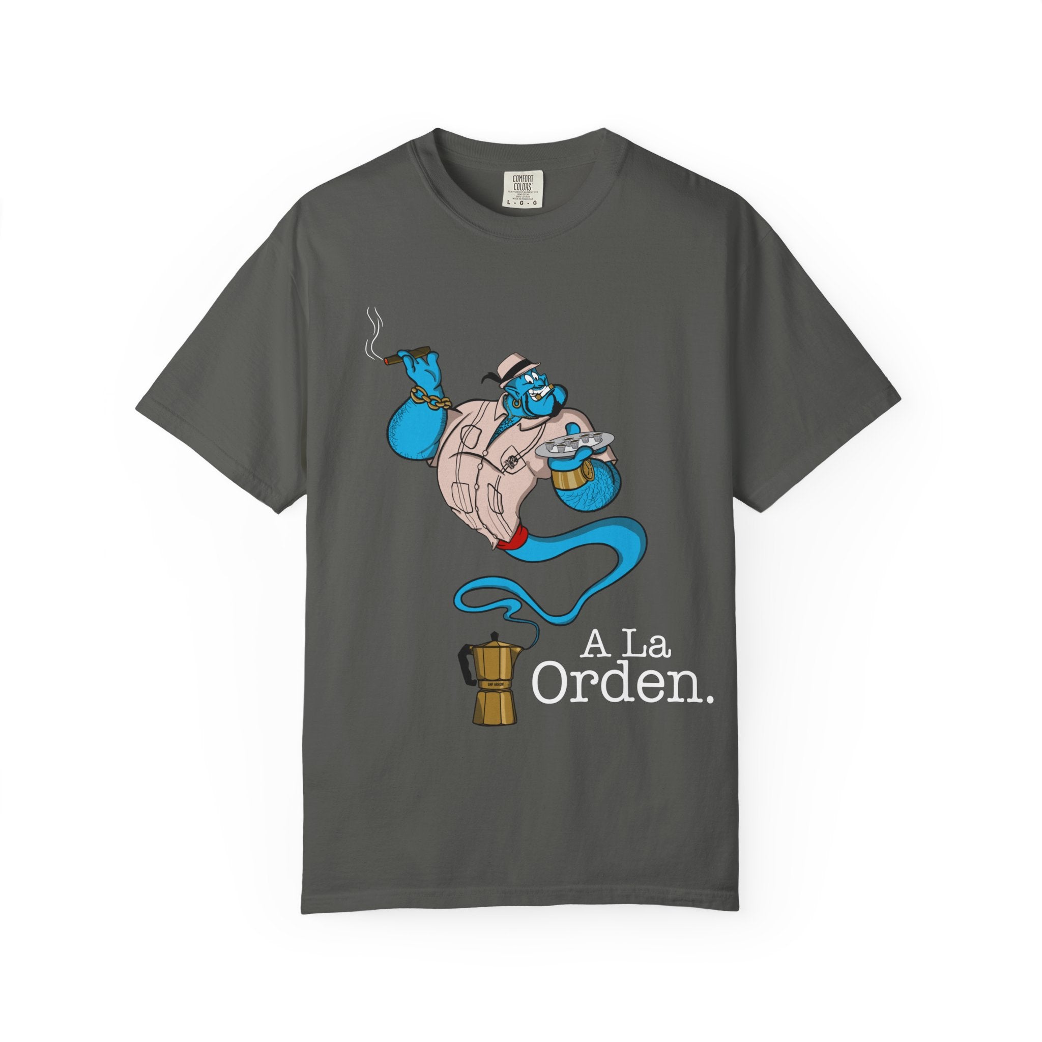 A La orden Genie T‑Shirt — Whimsical Blue Genie Brewing Espresso