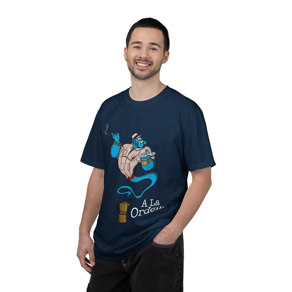 A La orden Genie T‑Shirt — Whimsical Blue Genie Brewing Espresso