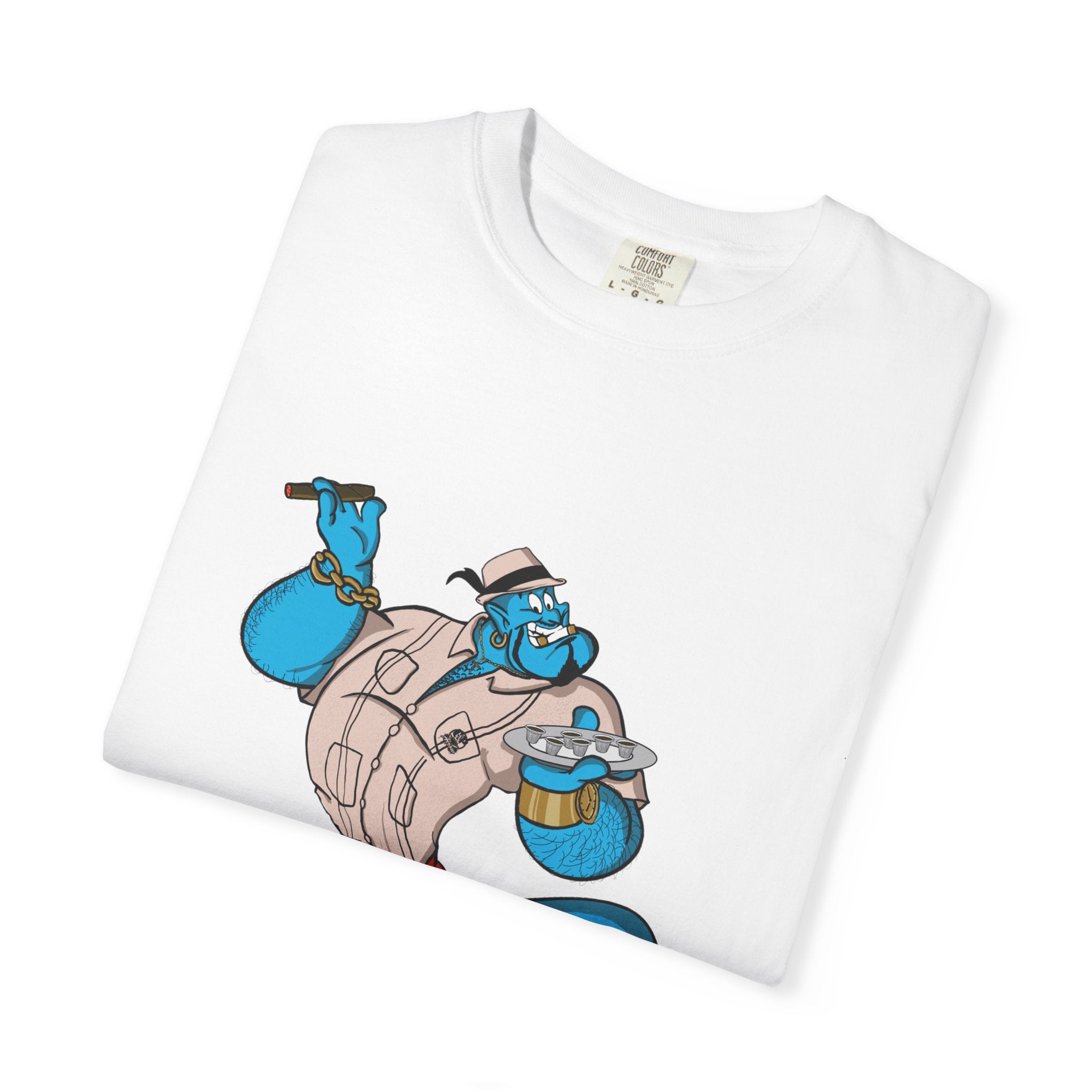 A La orden Genie T‑Shirt — Whimsical Blue Genie Brewing Espresso