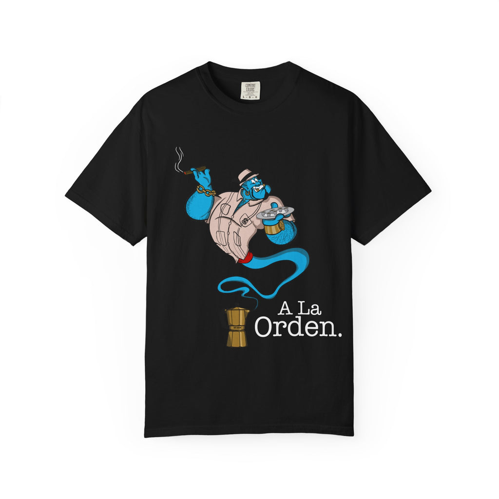 A La orden Genie T‑Shirt — Whimsical Blue Genie Brewing Espresso