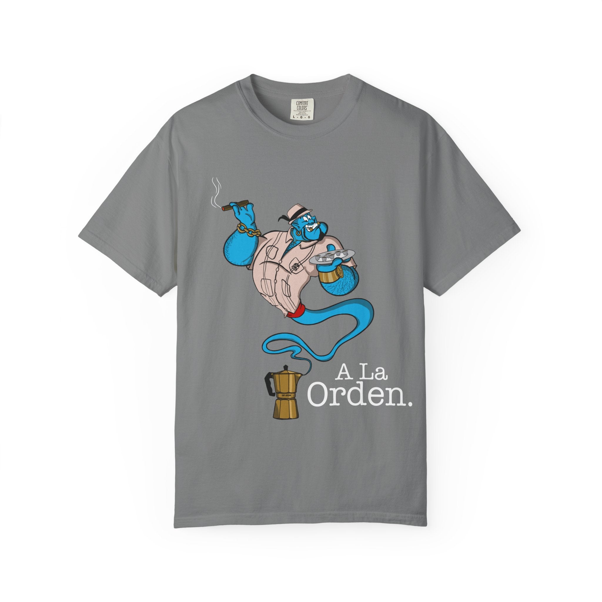 A La orden Genie T‑Shirt — Whimsical Blue Genie Brewing Espresso
