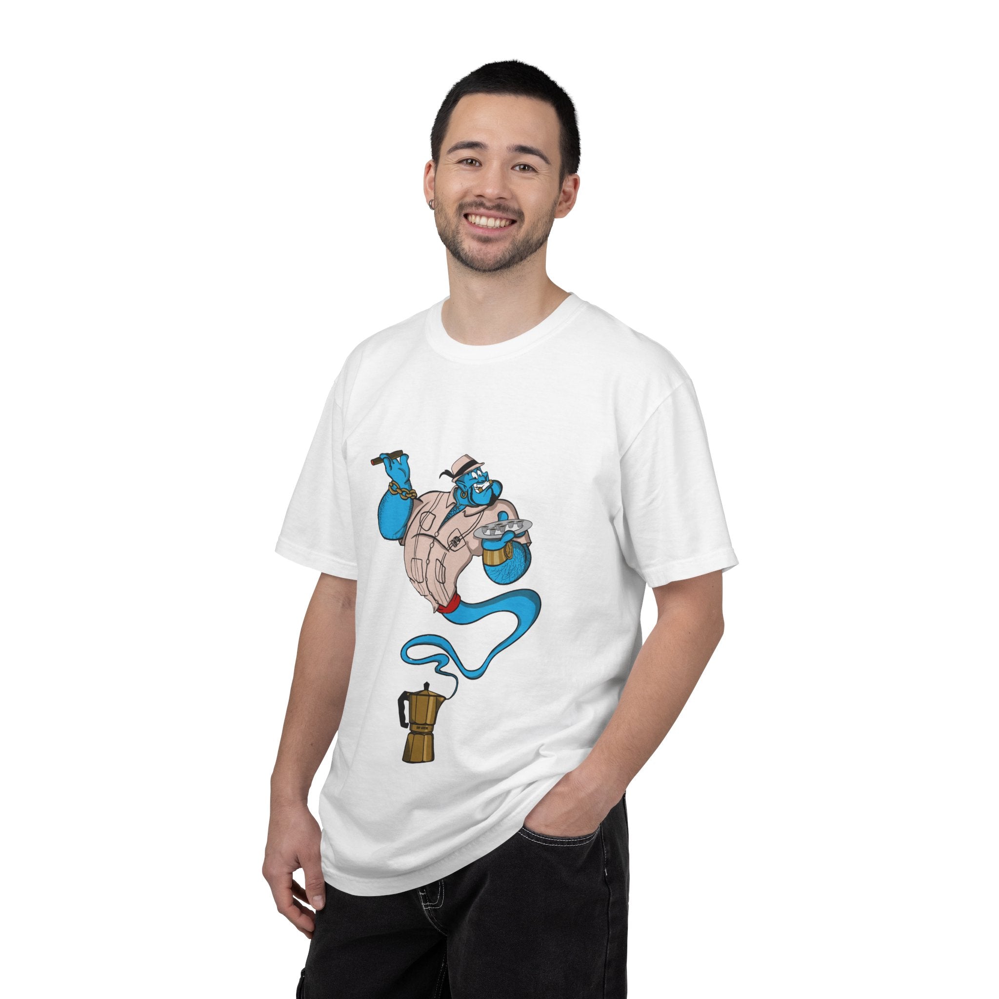 A La orden Genie T‑Shirt — Whimsical Blue Genie Brewing Espresso
