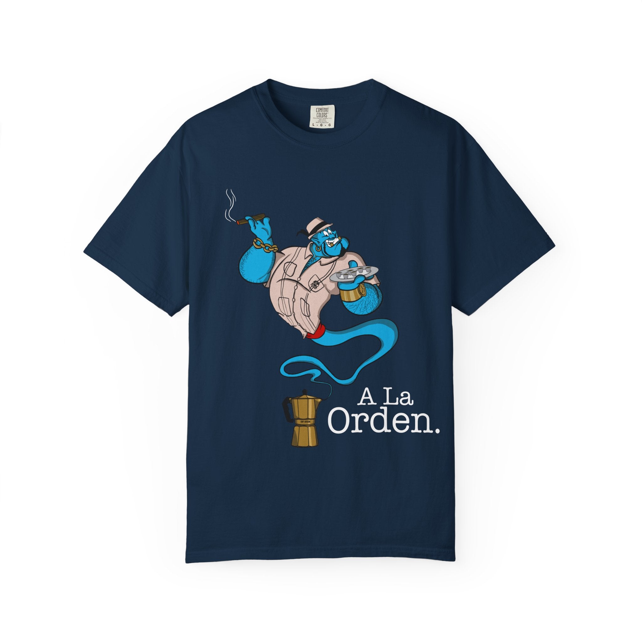 A La orden Genie T‑Shirt — Whimsical Blue Genie Brewing Espresso